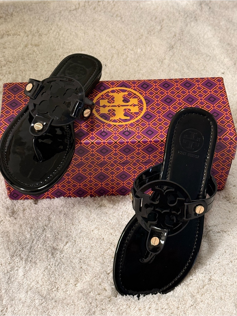 Tory Burch Black Patent Miller Thong Sandals with Gold Accents